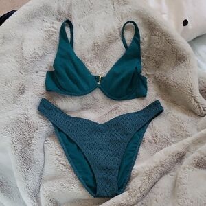 Hollister Beachy Vibes Cheeky Crochet Emerald Teal Ribbed Bikini Set